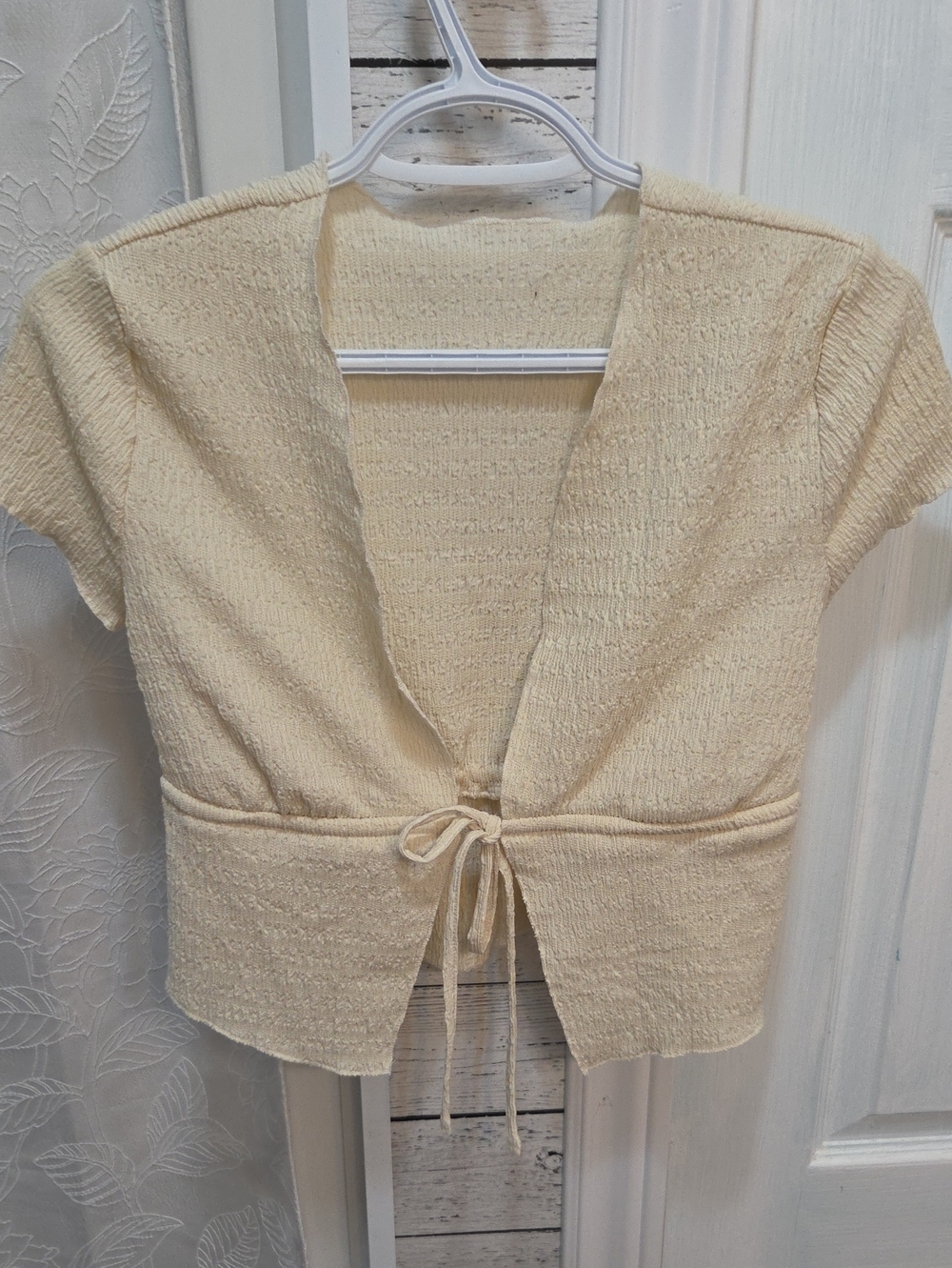 Cream Short-Sleeve Tie-Front Knit Top